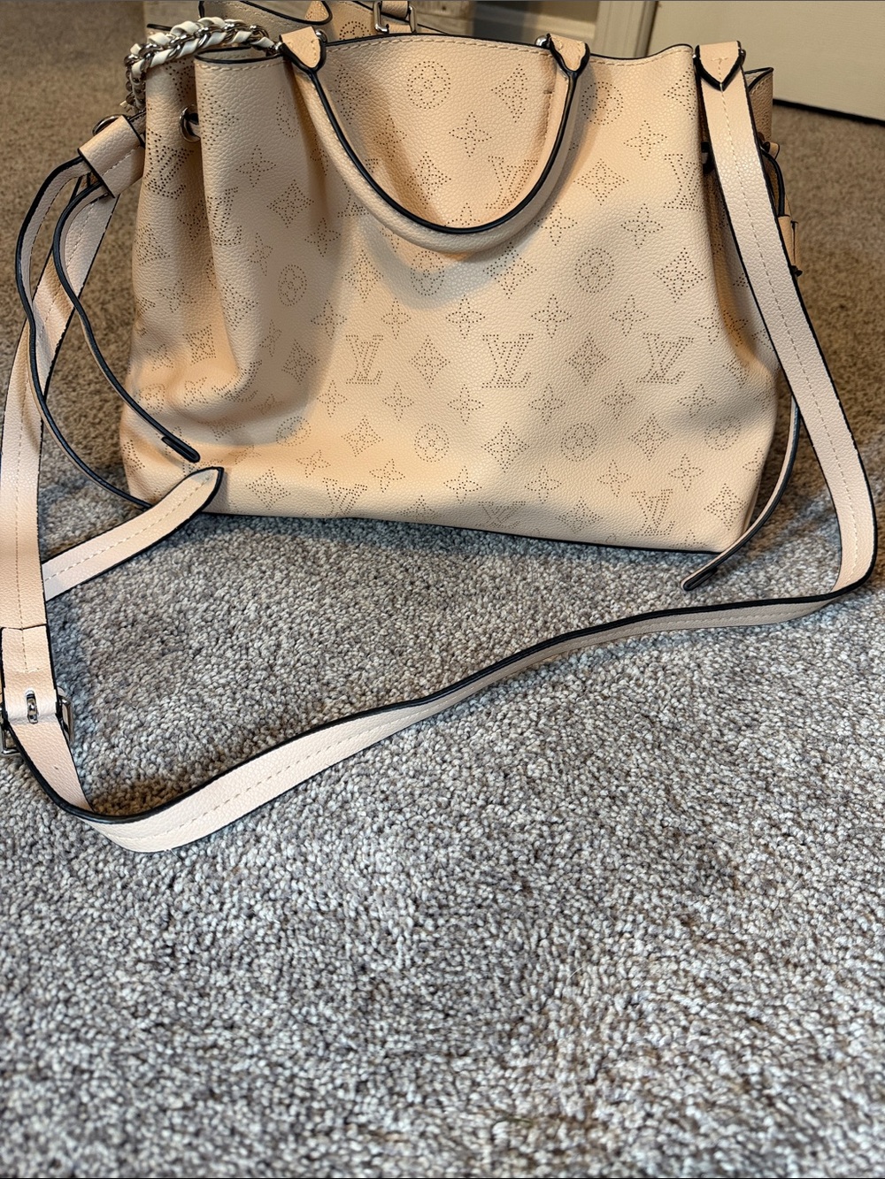 Cream Perforated Monogram Shoulder Bag